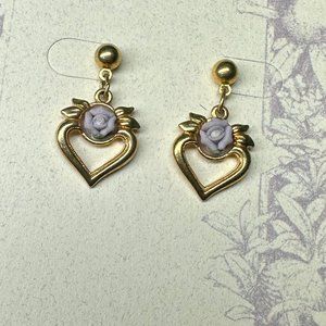 Vintage Brass and Clay Heart Drop Dangle Pierced Earrings